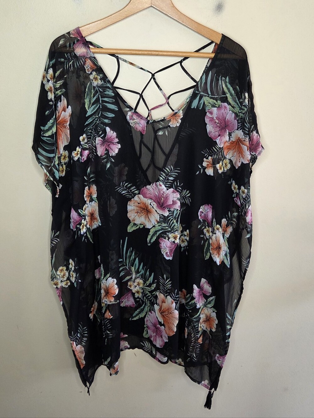 Kona Sol Black Pink Orange Tropical Floral Criss Cross Back Swim Coverup Size XL